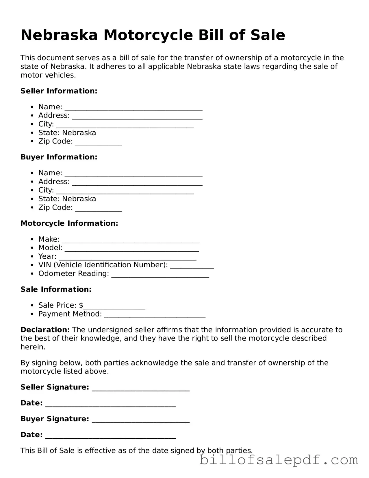 Legal Nebraska Motorcycle Bill of Sale Form