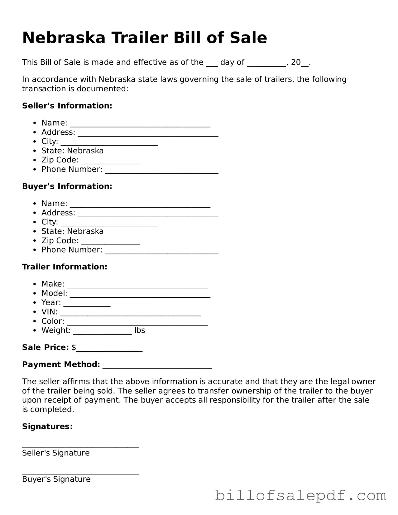 Legal Nebraska Trailer Bill of Sale Form
