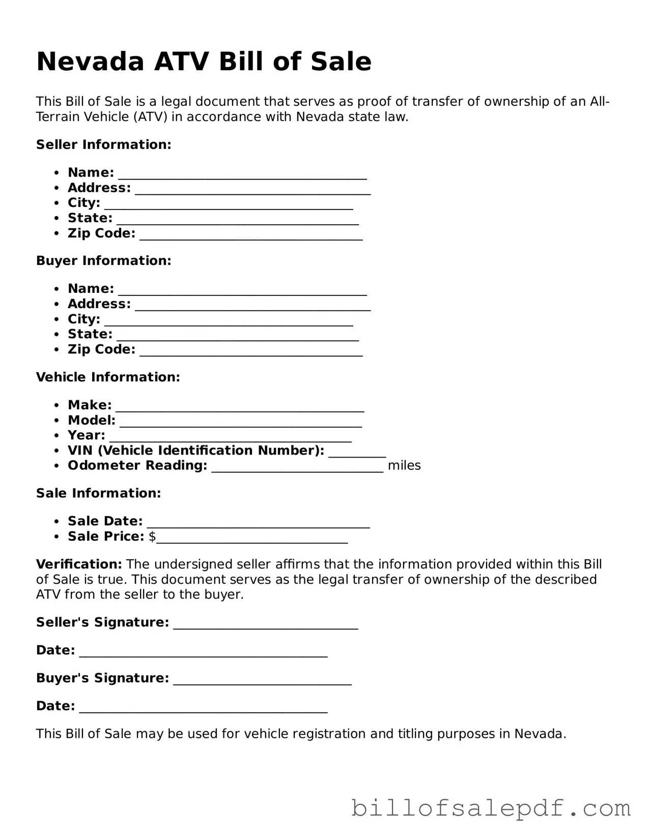 Legal Nevada ATV Bill of Sale Form