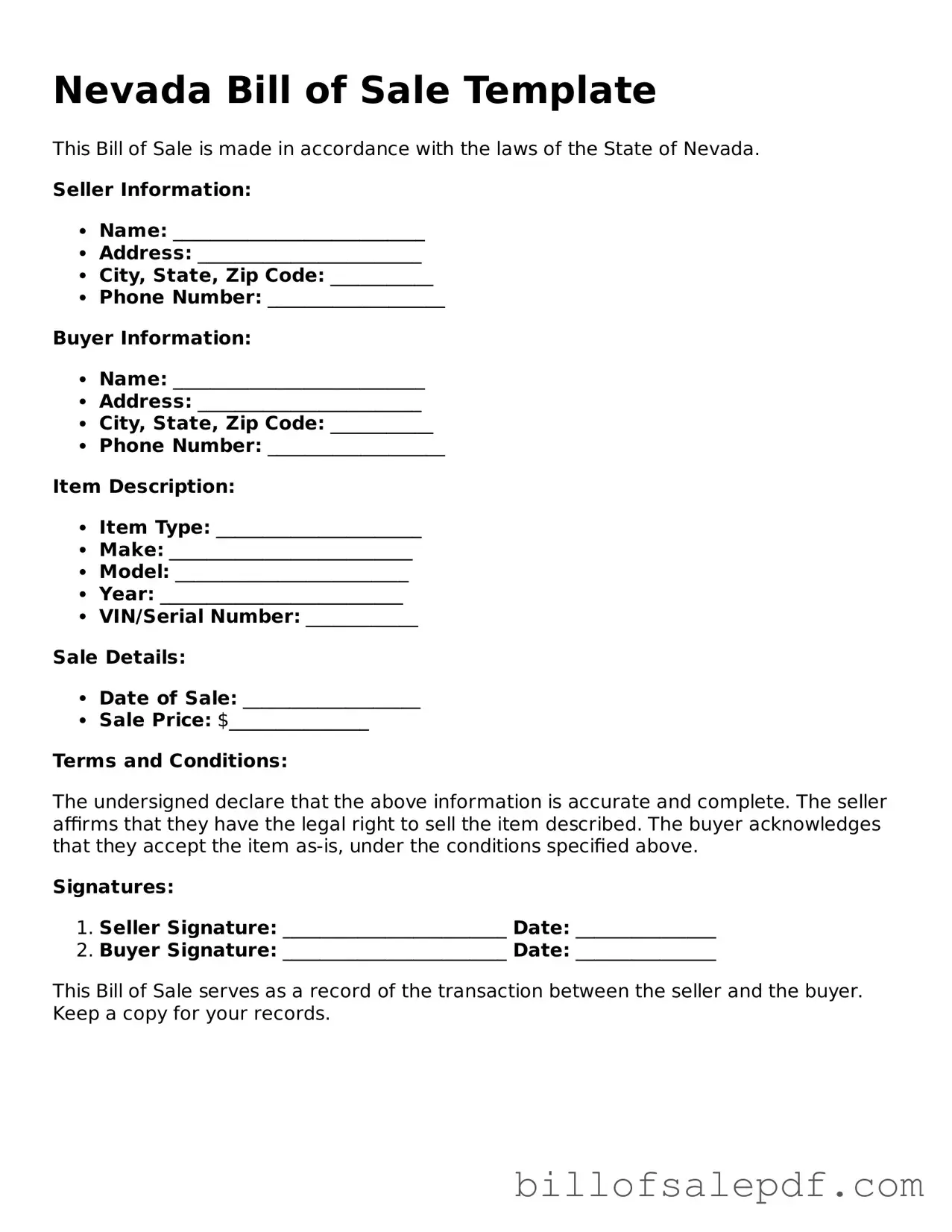 Legal Nevada Bill of Sale Form