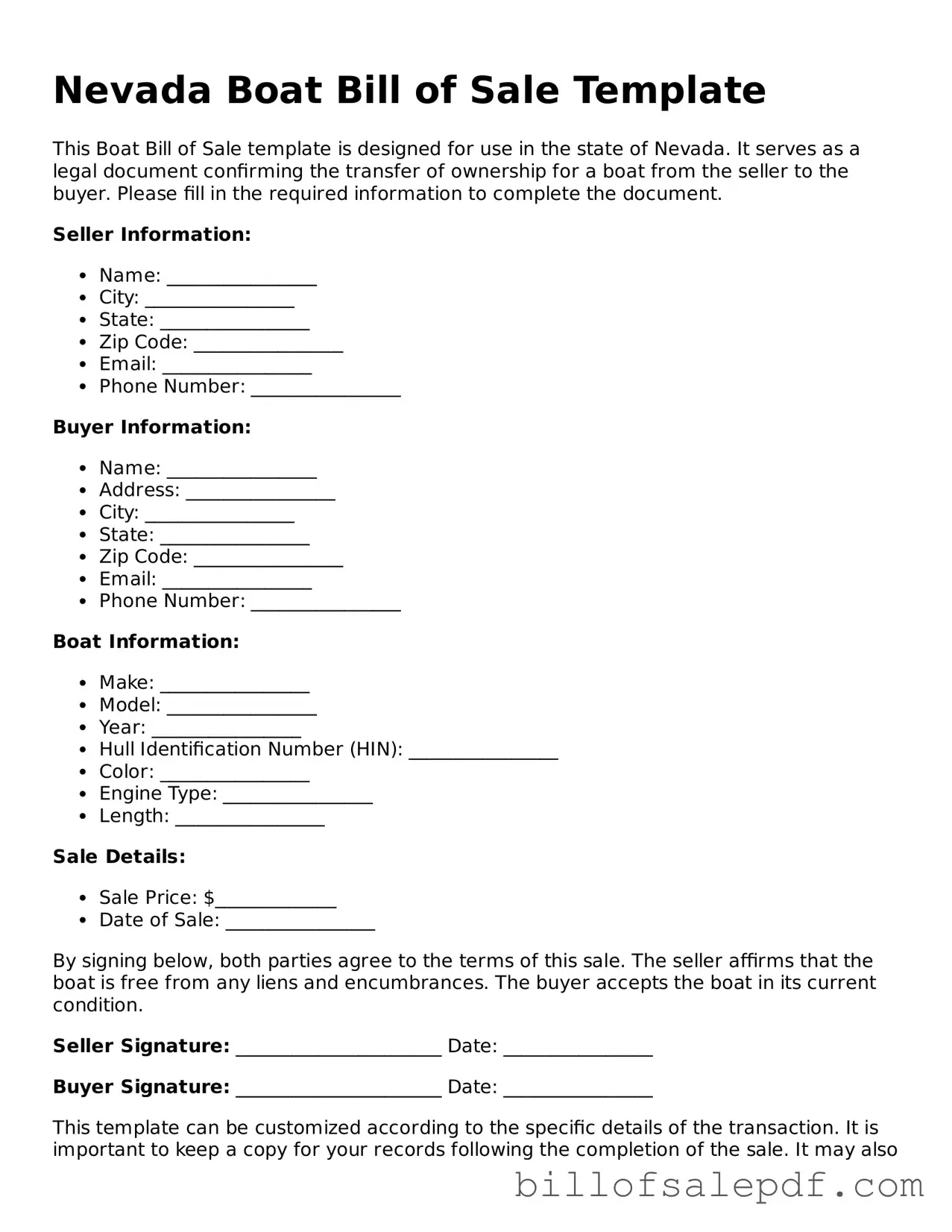 Legal Nevada Boat Bill of Sale Form