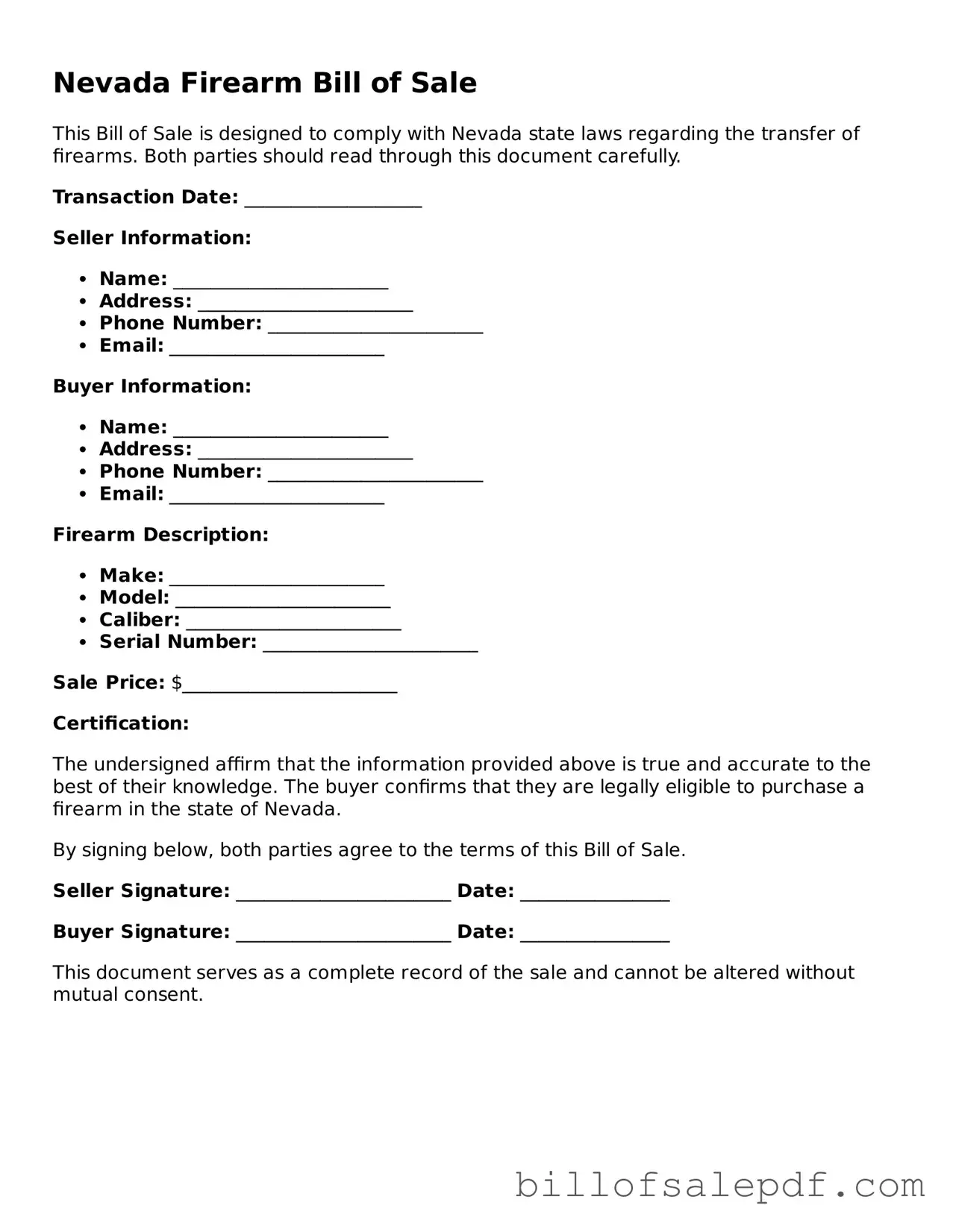 Legal Nevada Firearm Bill of Sale Form
