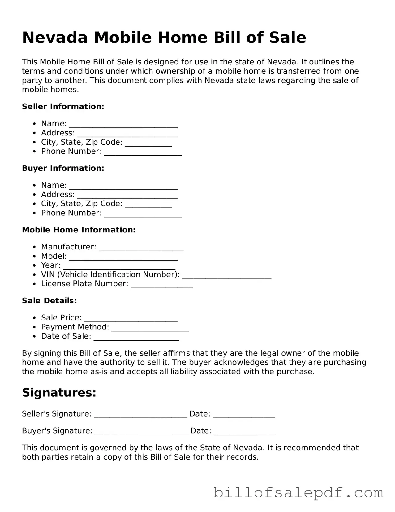 Legal Nevada Mobile Home Bill of Sale Form