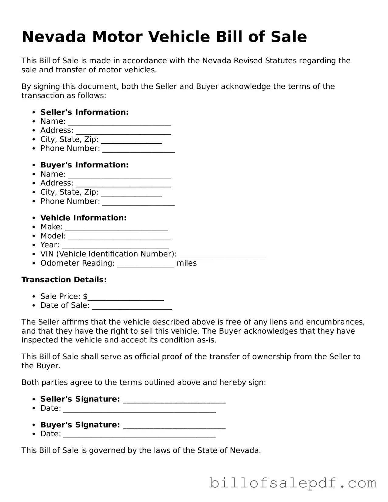 Legal Nevada Motor Vehicle Bill of Sale Form