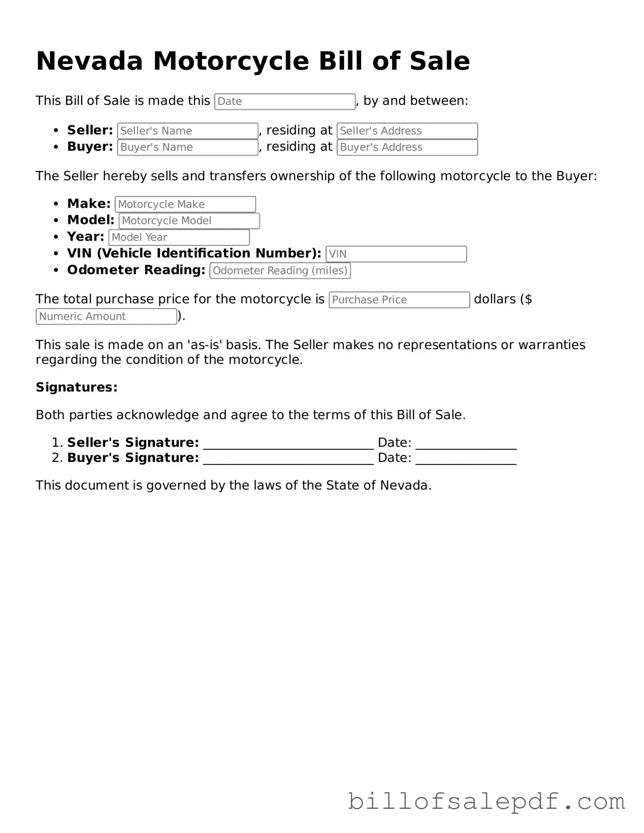 Legal Nevada Motorcycle Bill of Sale Form