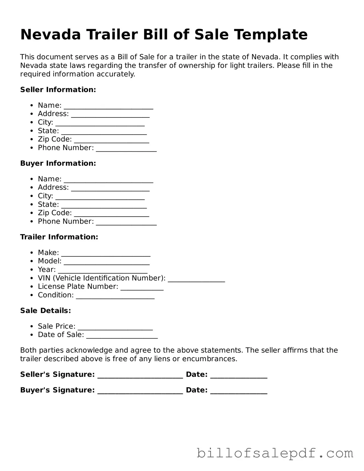 Legal Nevada Trailer Bill of Sale Form