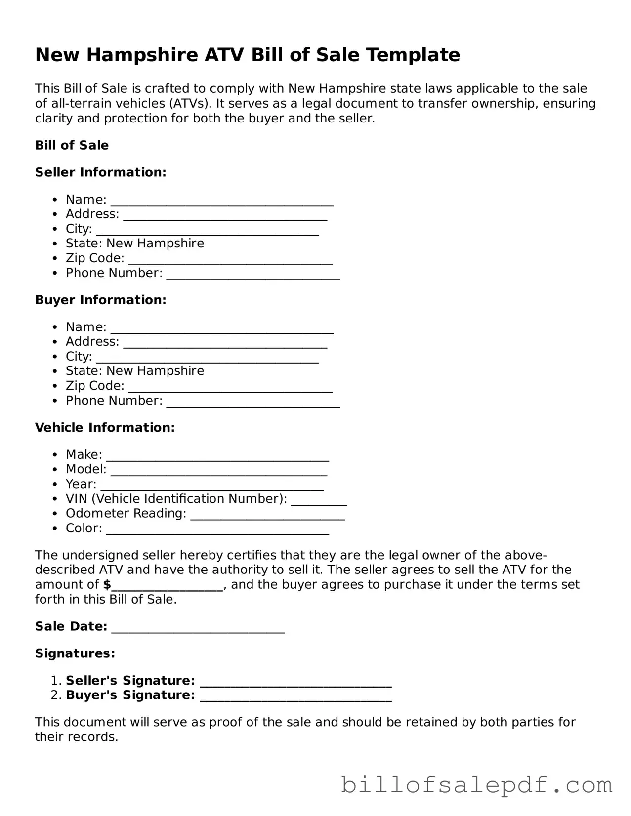 Legal New Hampshire ATV Bill of Sale Form