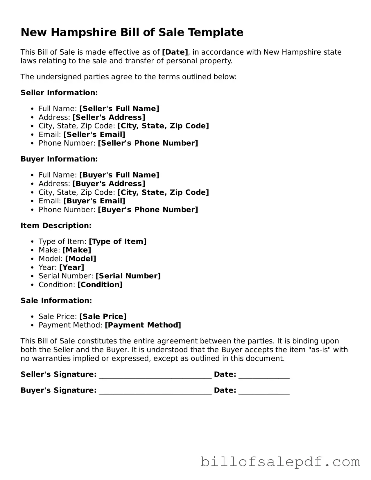 Legal New Hampshire Bill of Sale Form