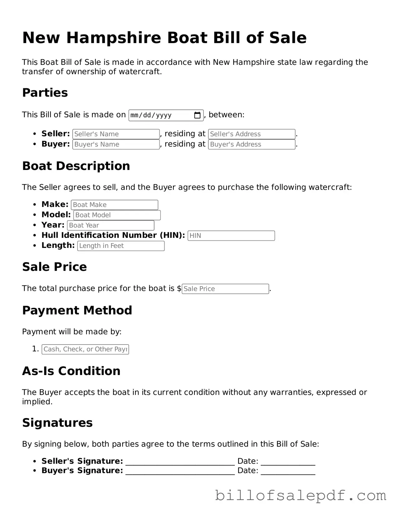 Legal New Hampshire Boat Bill of Sale Form