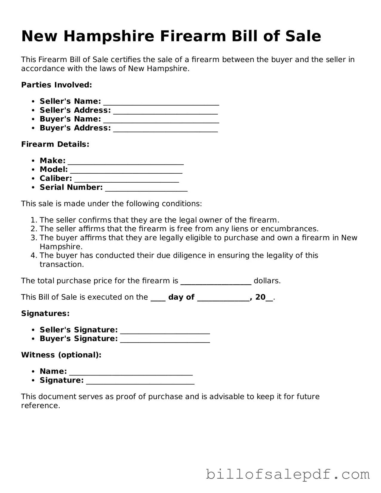 Legal New Hampshire Firearm Bill of Sale Form