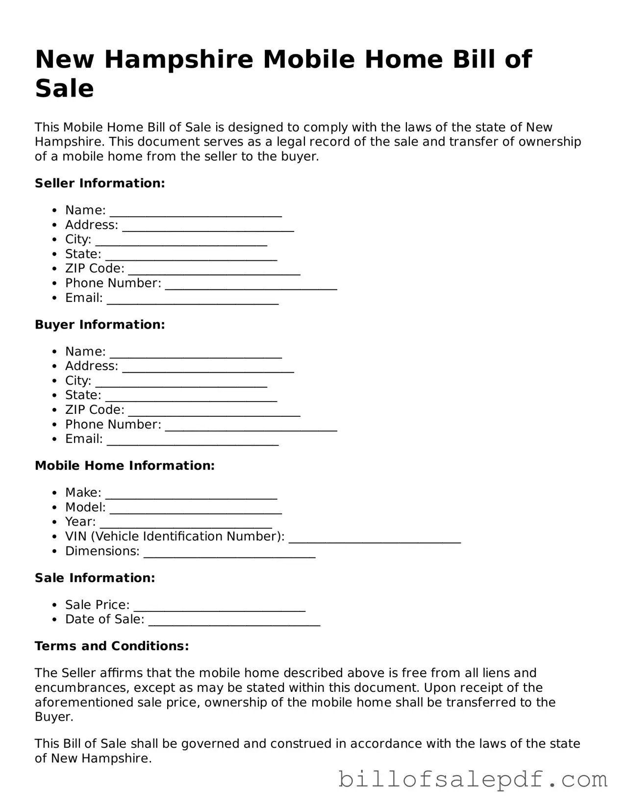 Legal New Hampshire Mobile Home Bill of Sale Form