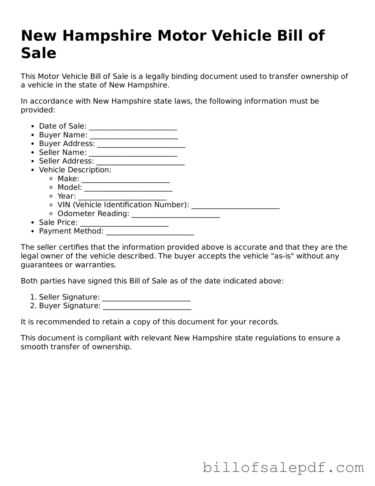 Legal New Hampshire Motor Vehicle Bill of Sale Form