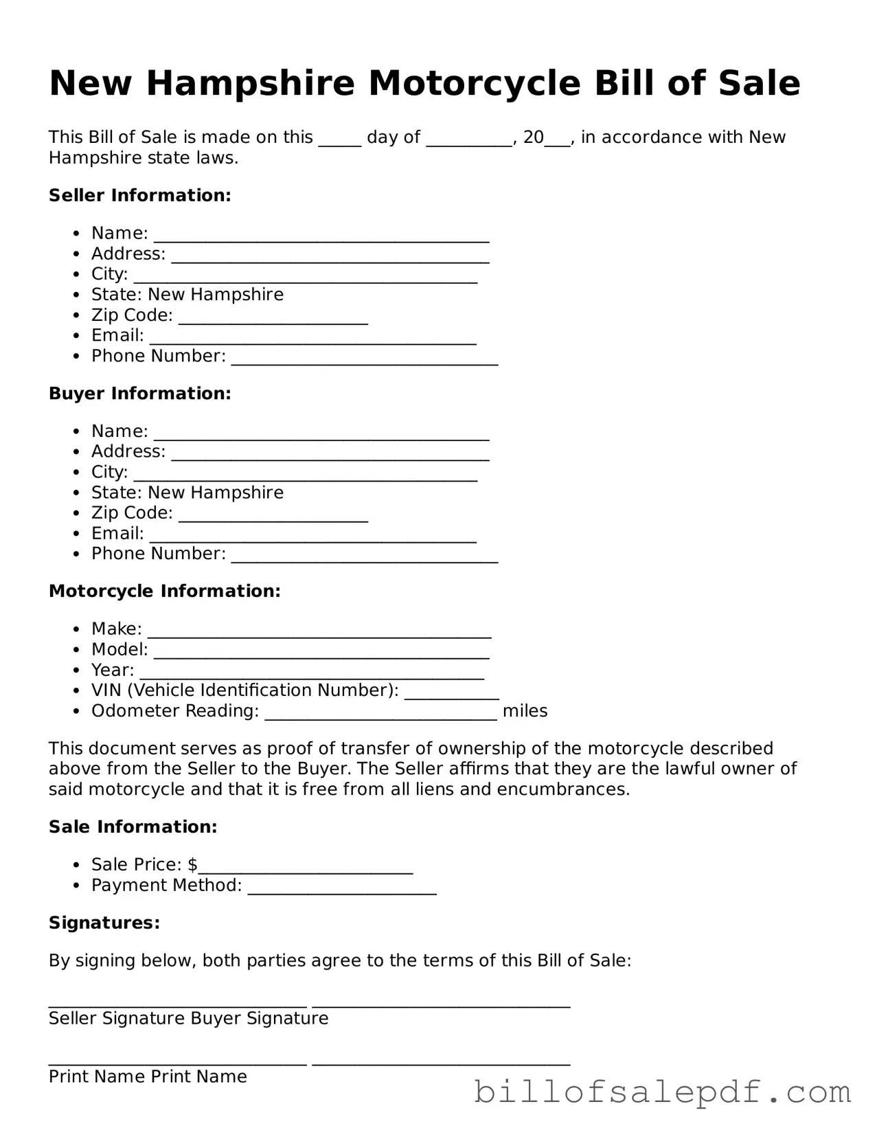 Legal New Hampshire Motorcycle Bill of Sale Form
