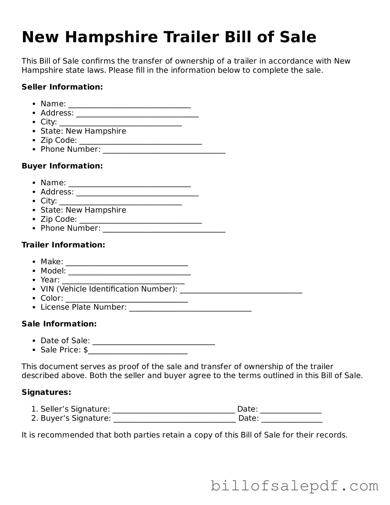 Legal New Hampshire Trailer Bill of Sale Form