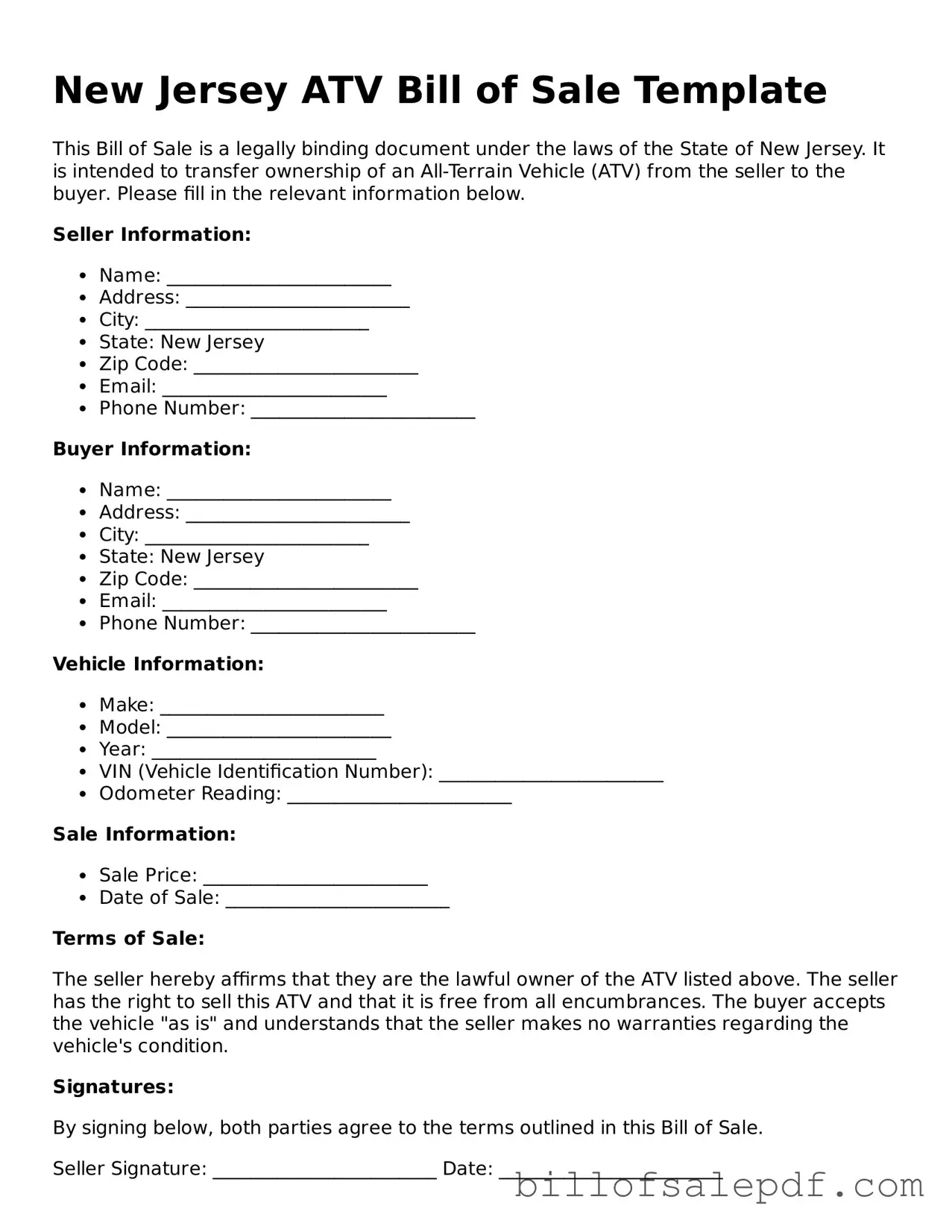 Legal New Jersey ATV Bill of Sale Form