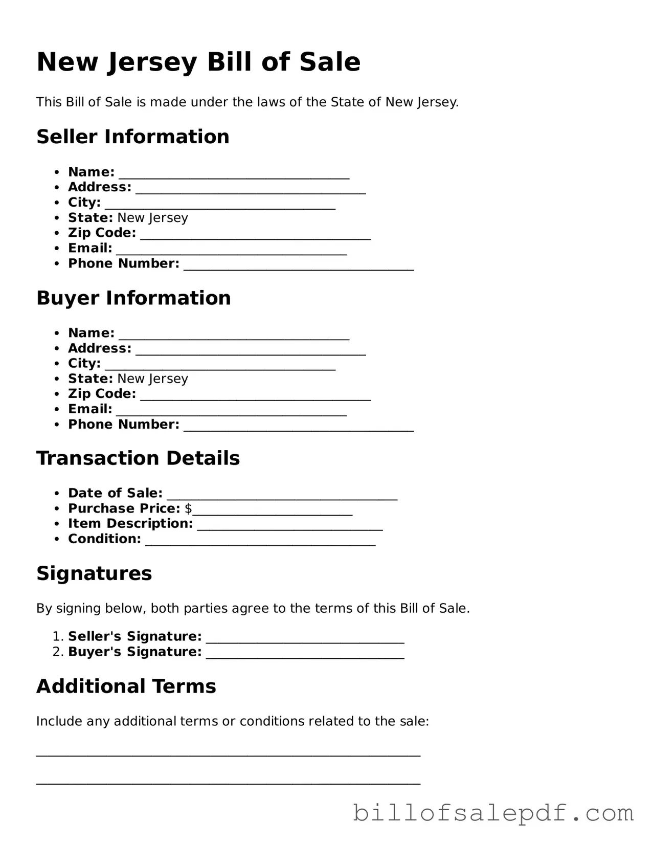 Legal New Jersey Bill of Sale Form