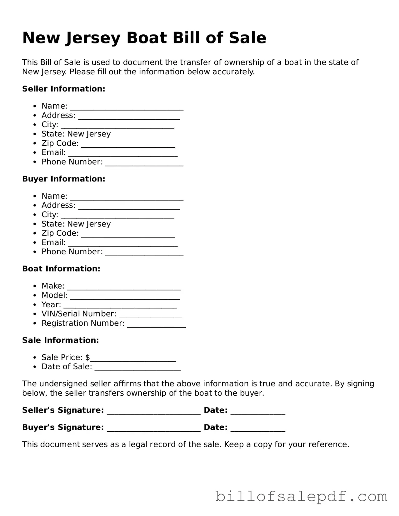 Legal New Jersey Boat Bill of Sale Form