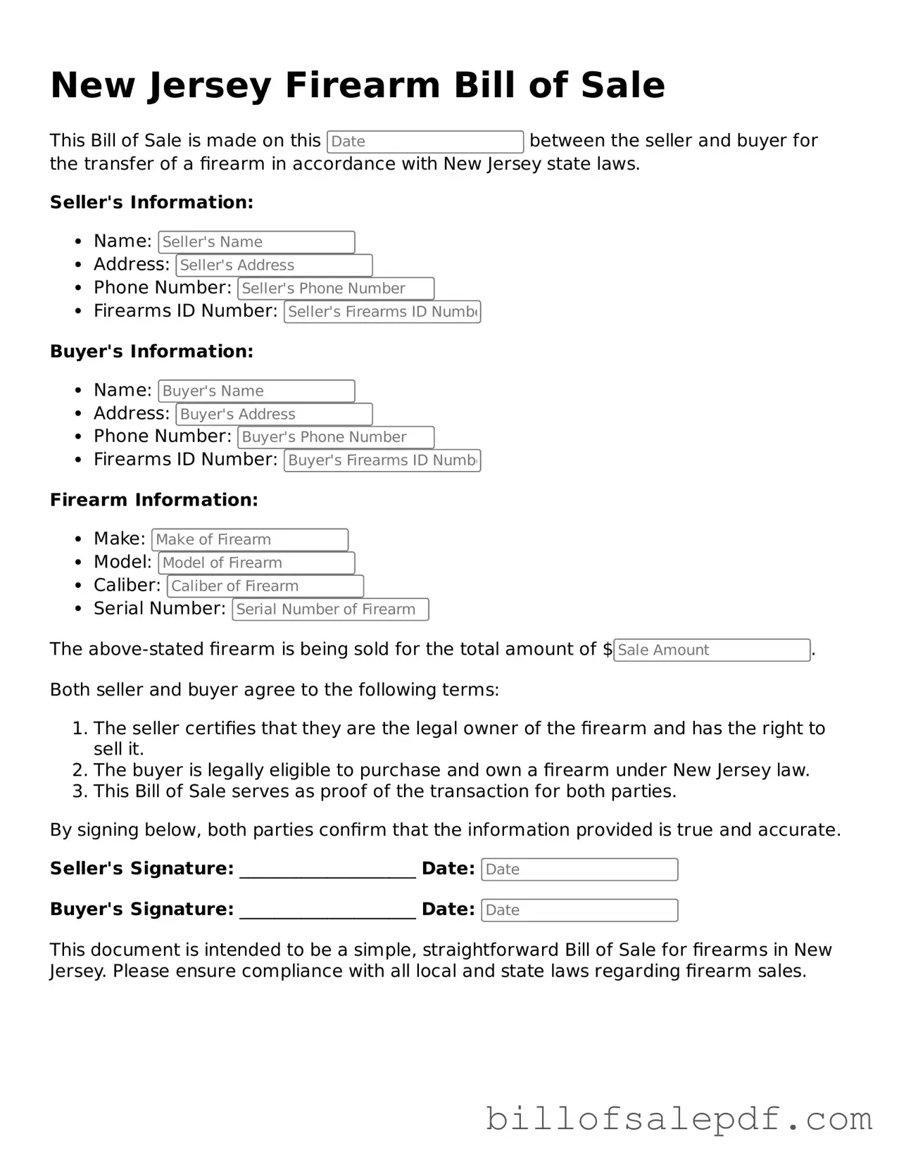 Legal New Jersey Firearm Bill of Sale Form
