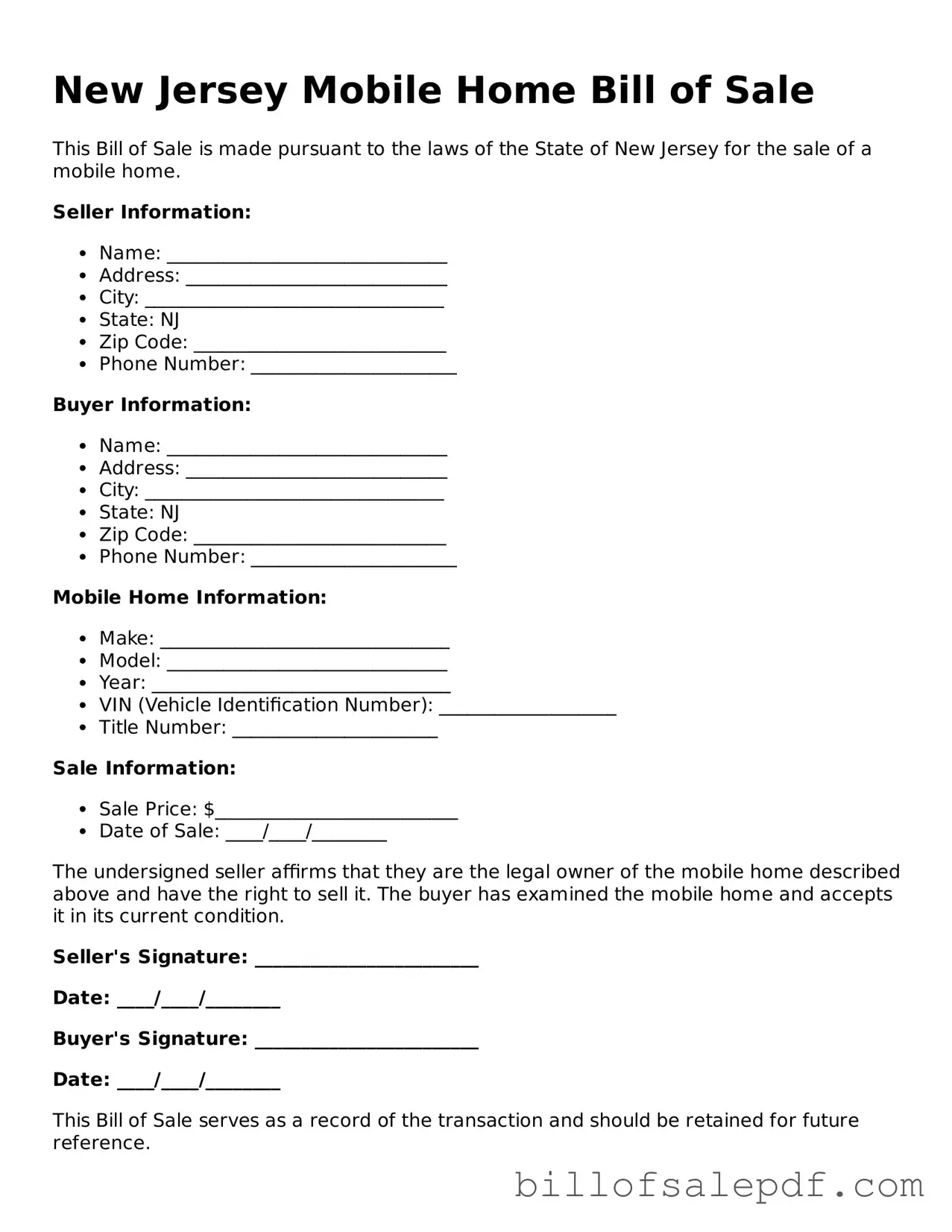 Legal New Jersey Mobile Home Bill of Sale Form