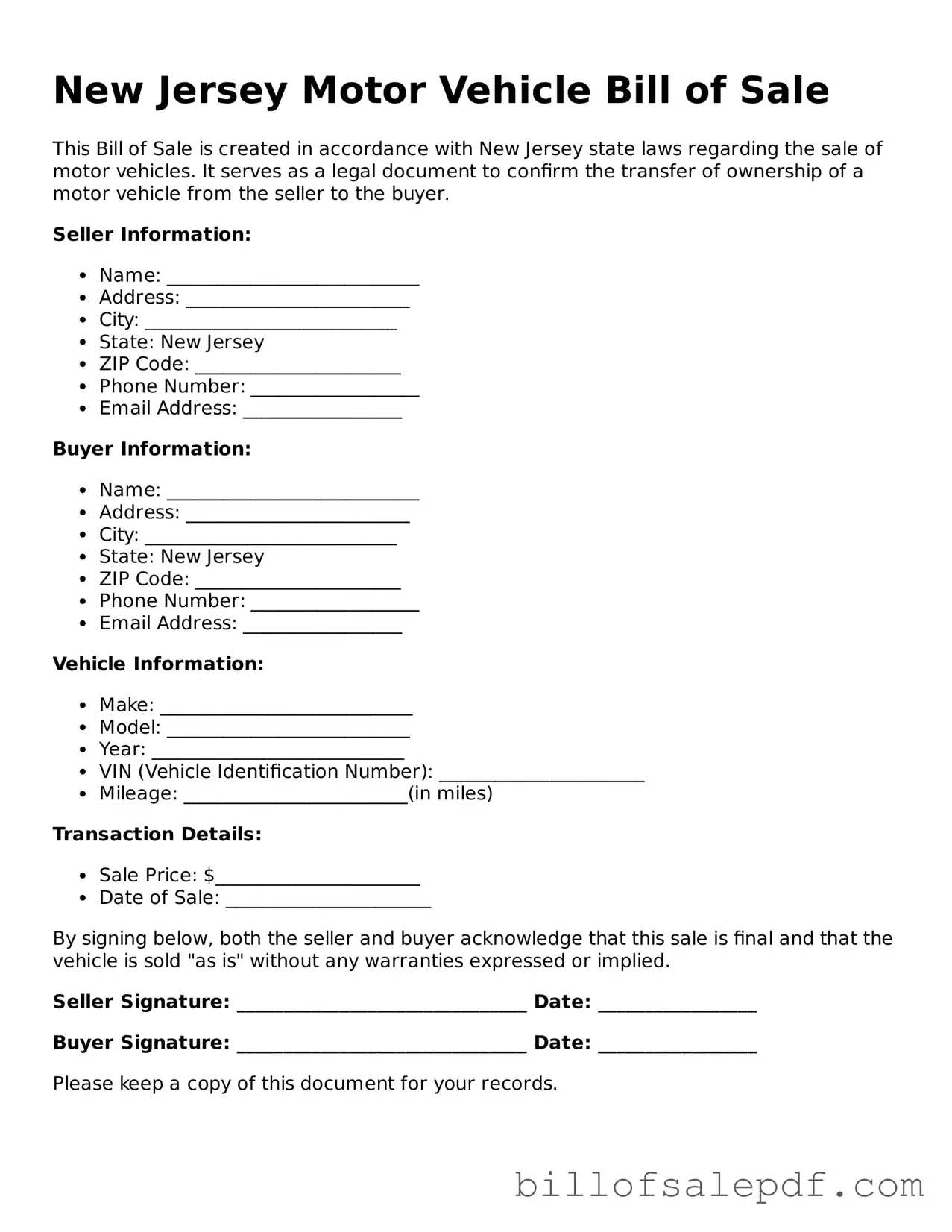 Legal New Jersey Motor Vehicle Bill of Sale Form
