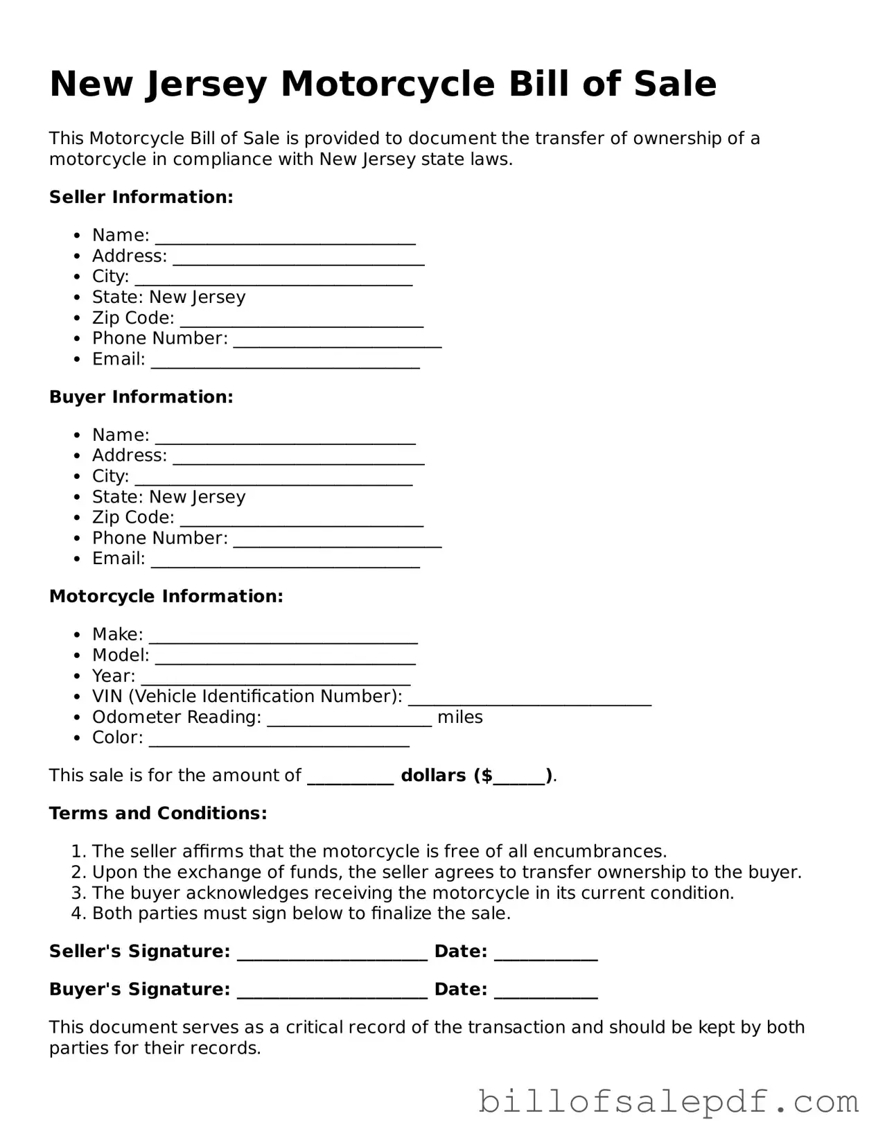 Legal New Jersey Motorcycle Bill of Sale Form