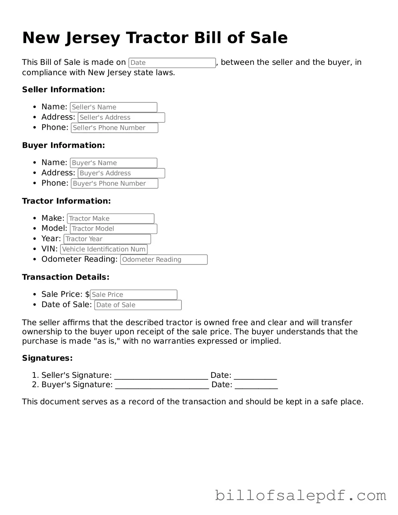 Legal New Jersey Tractor Bill of Sale Form