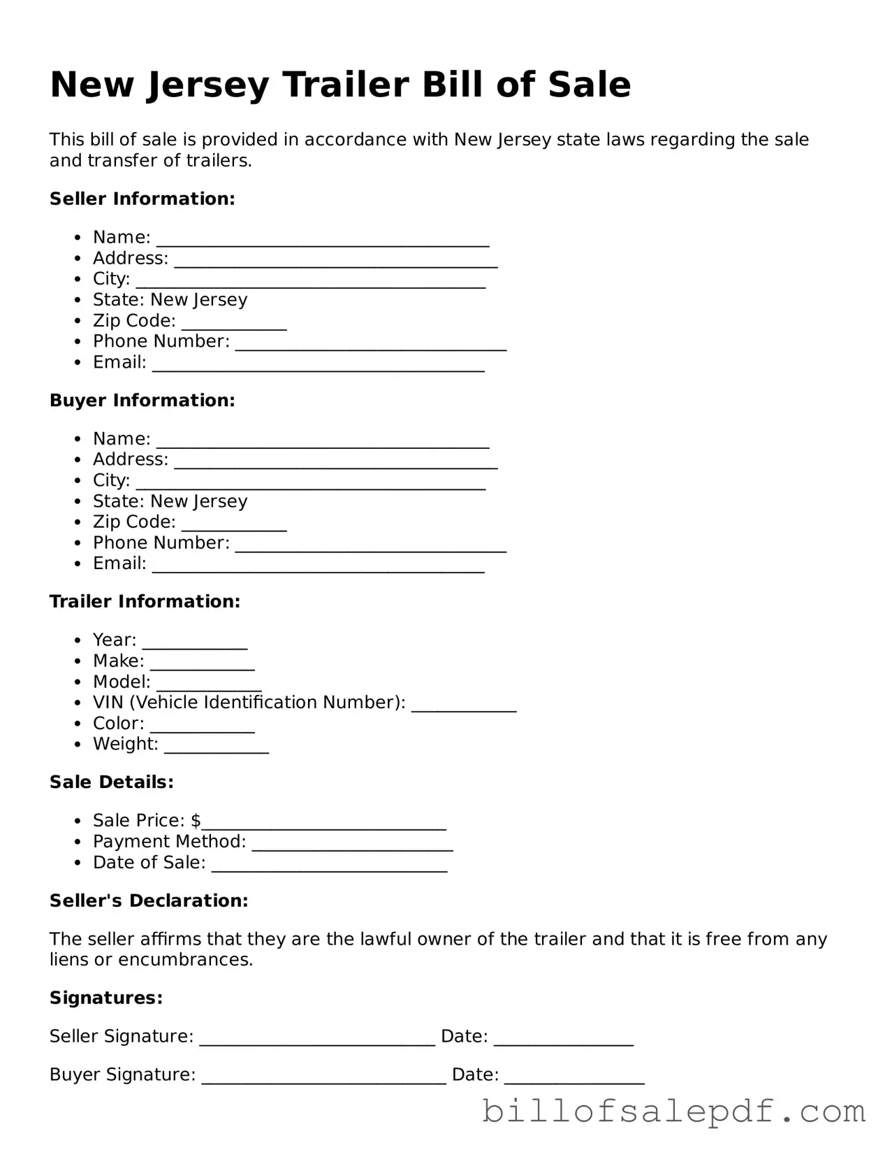 Legal New Jersey Trailer Bill of Sale Form