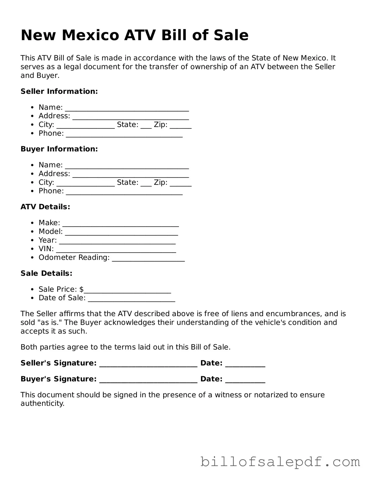 Legal New Mexico ATV Bill of Sale Form