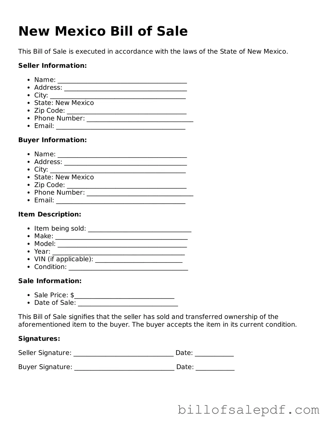 Legal New Mexico Bill of Sale Form