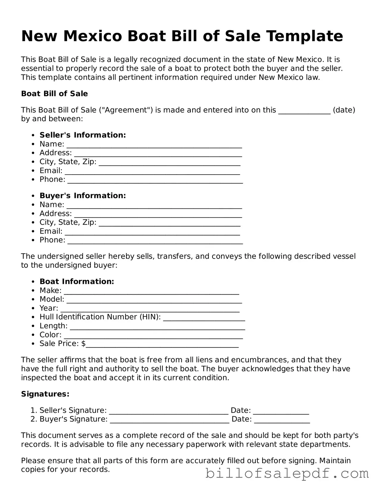 Legal New Mexico Boat Bill of Sale Form