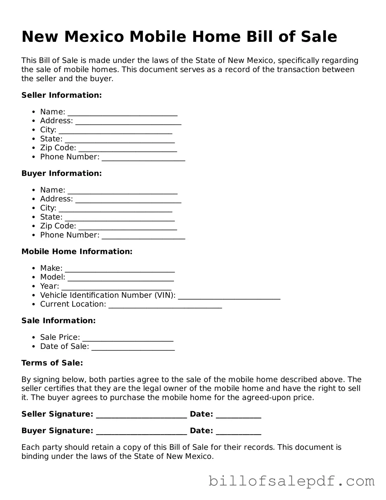 Legal New Mexico Mobile Home Bill of Sale Form