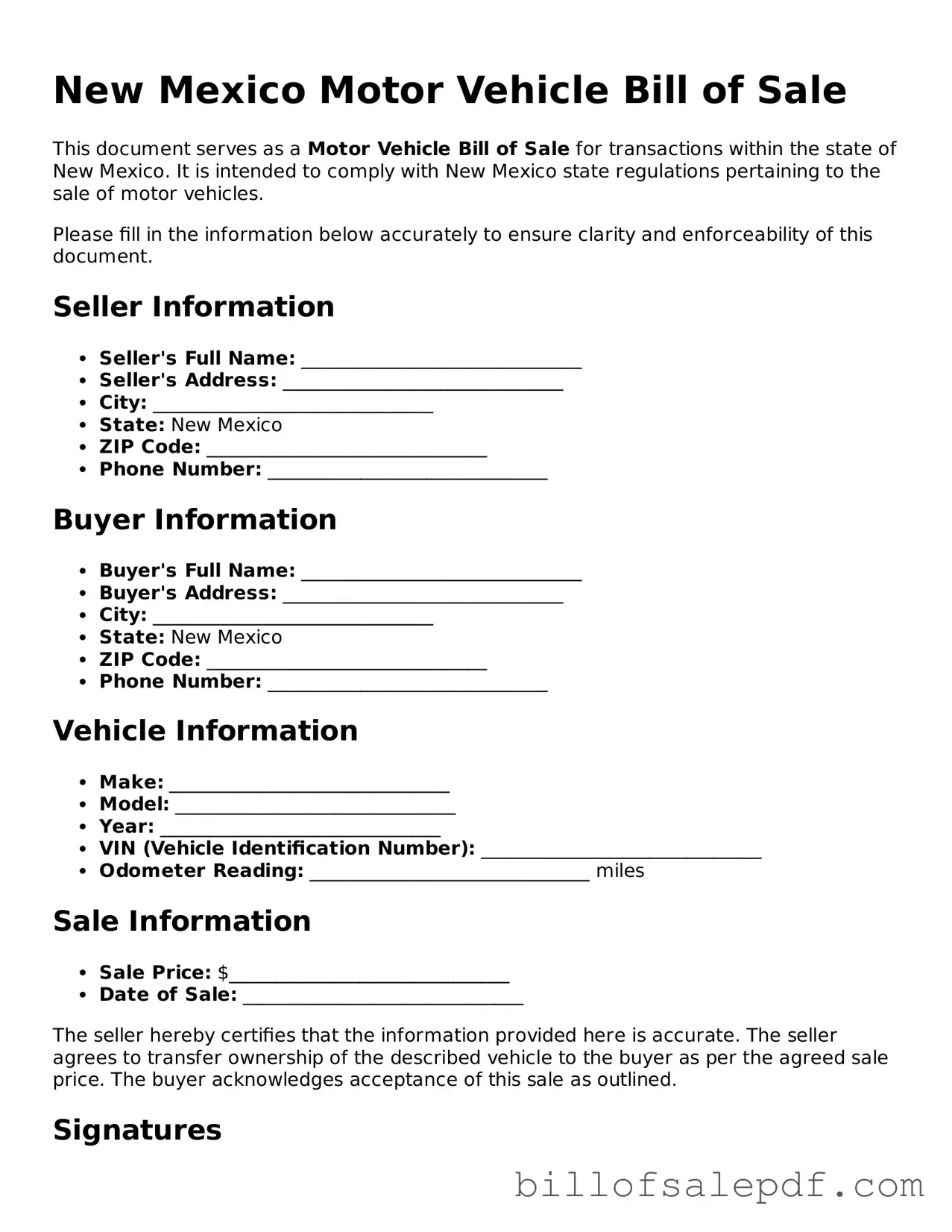 Legal New Mexico Motor Vehicle Bill of Sale Form
