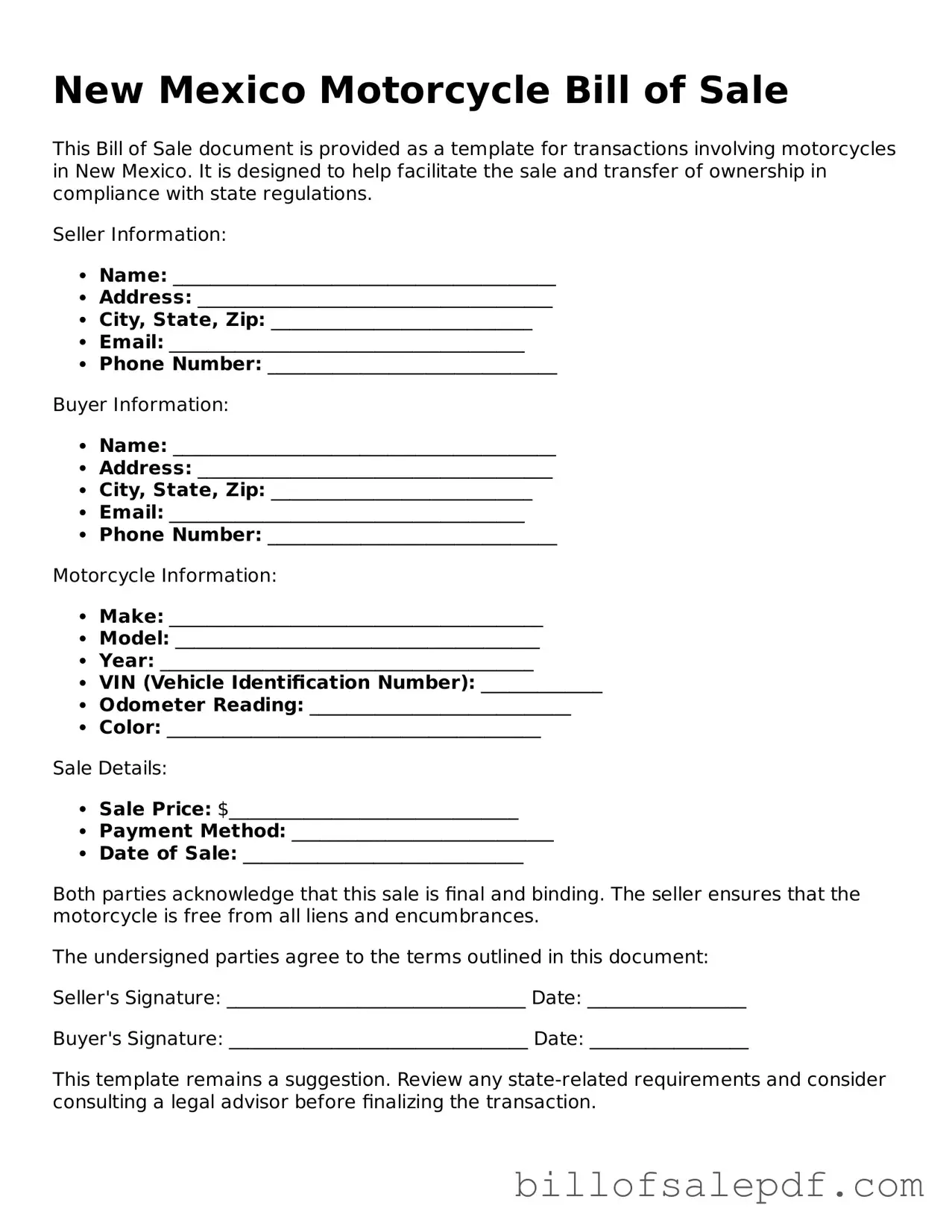 Legal New Mexico Motorcycle Bill of Sale Form