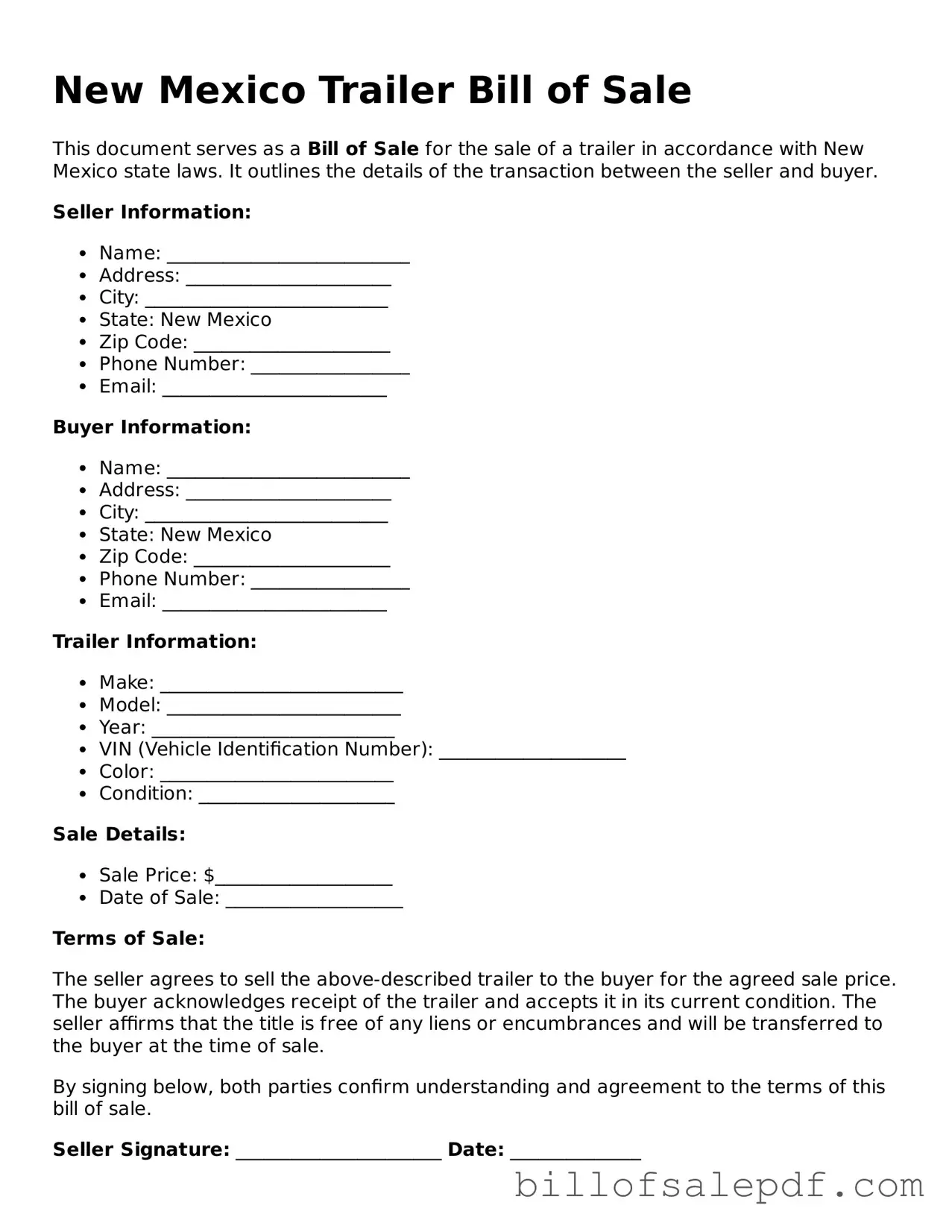 Legal New Mexico Trailer Bill of Sale Form