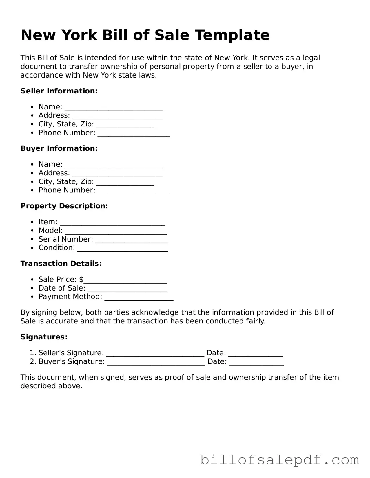 Legal New York Bill of Sale Form