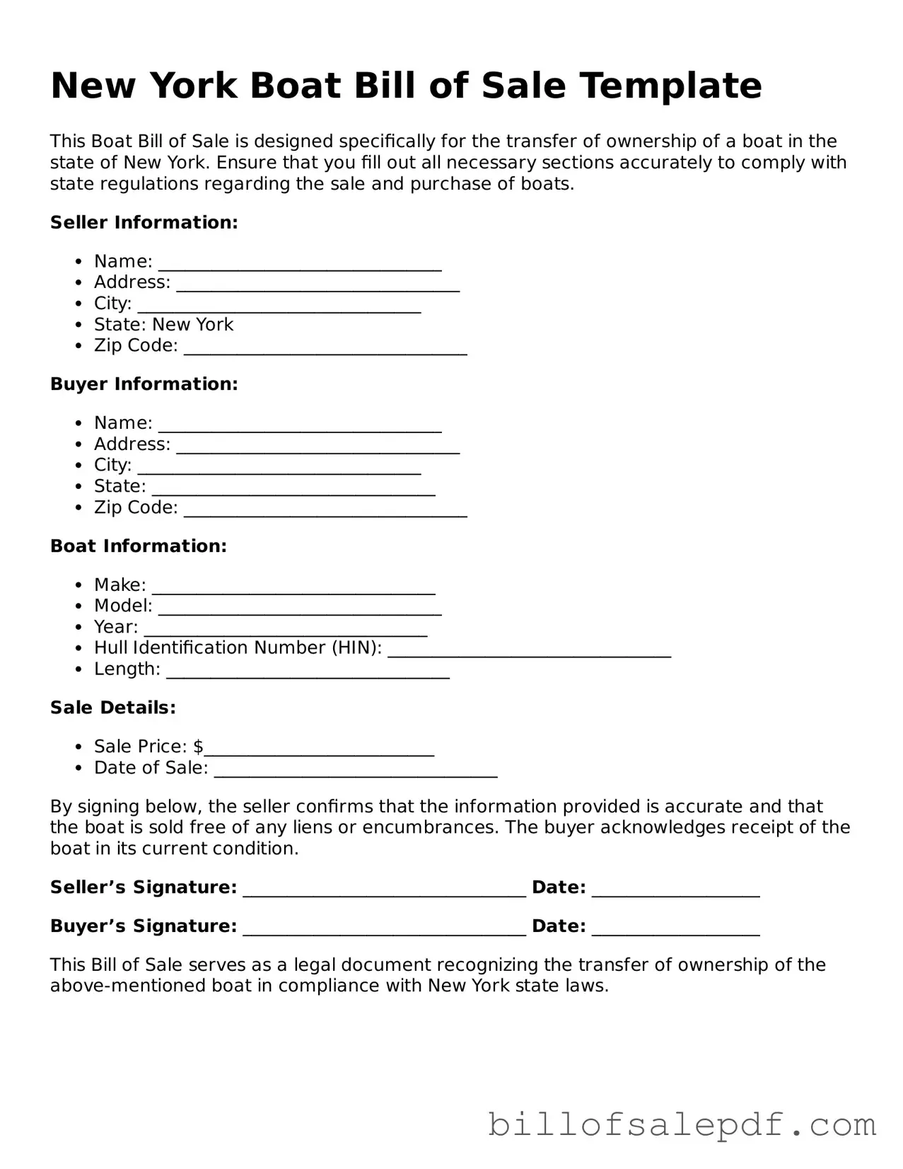 Legal New York Boat Bill of Sale Form