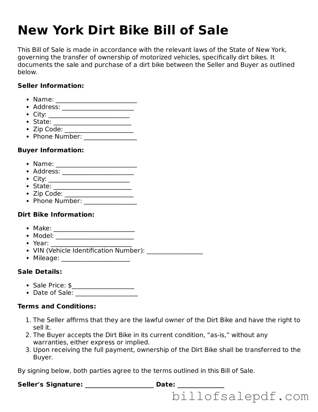 Legal New York Dirt Bike Bill of Sale Form
