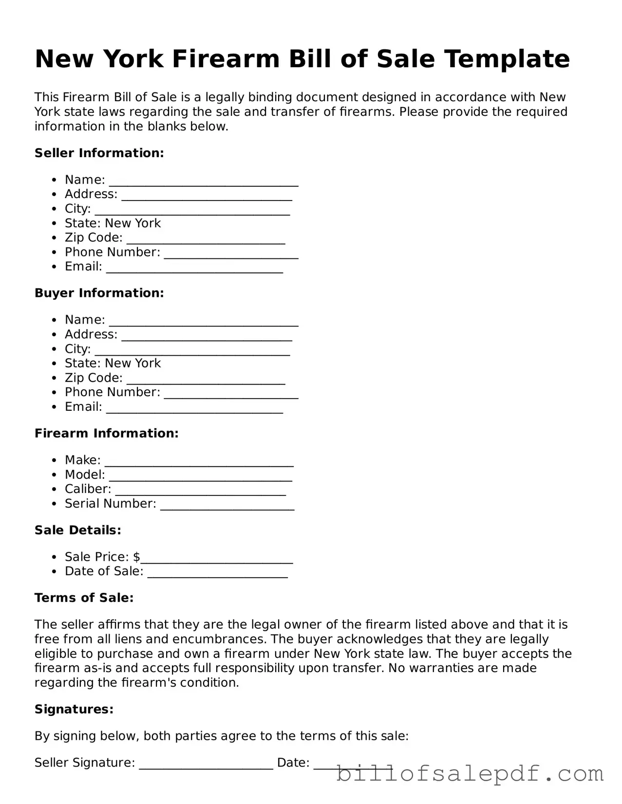 Legal New York Firearm Bill of Sale Form