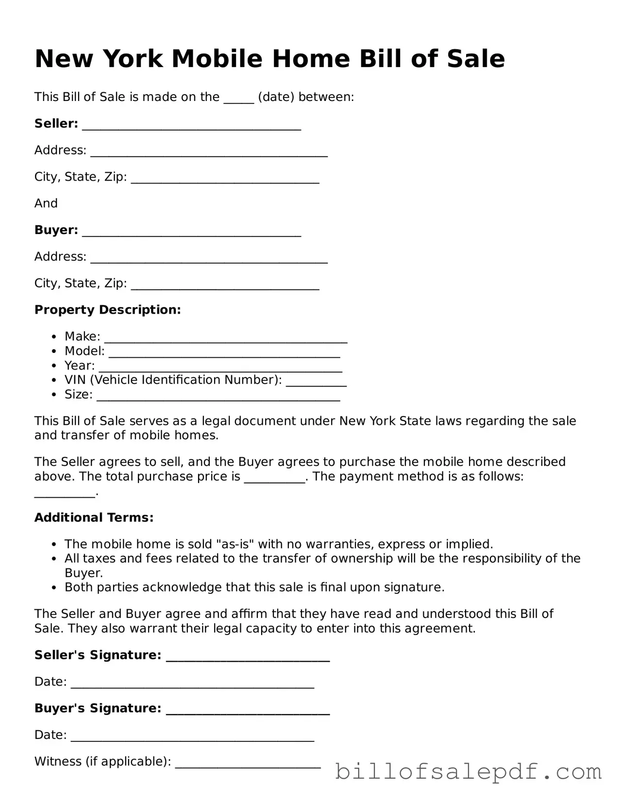 Legal New York Mobile Home Bill of Sale Form