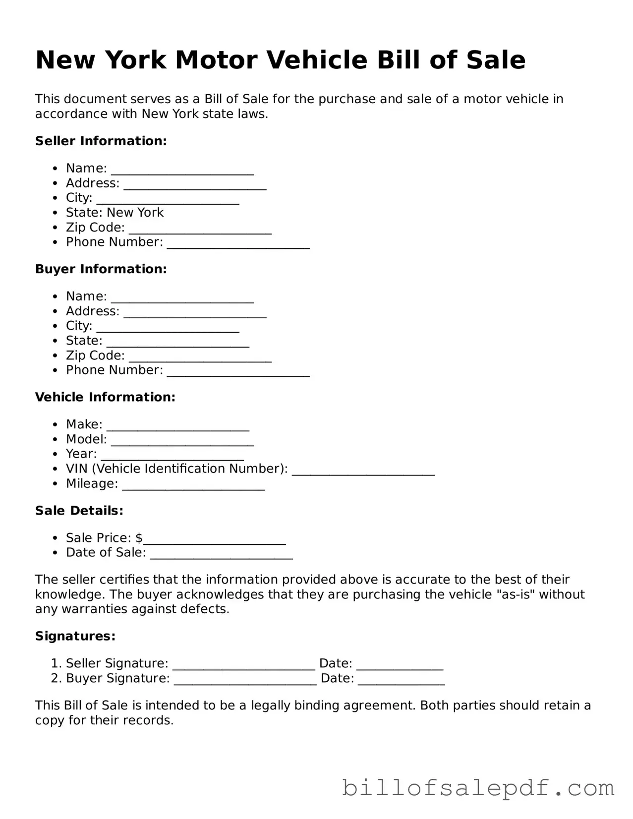 Legal New York Motor Vehicle Bill of Sale Form