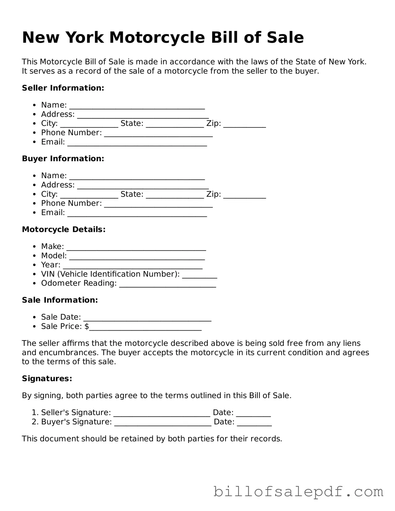 Legal New York Motorcycle Bill of Sale Form