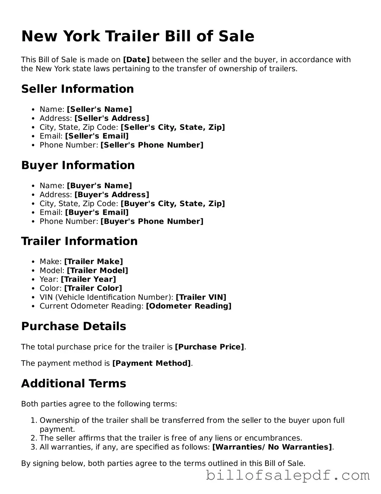 Legal New York Trailer Bill of Sale Form