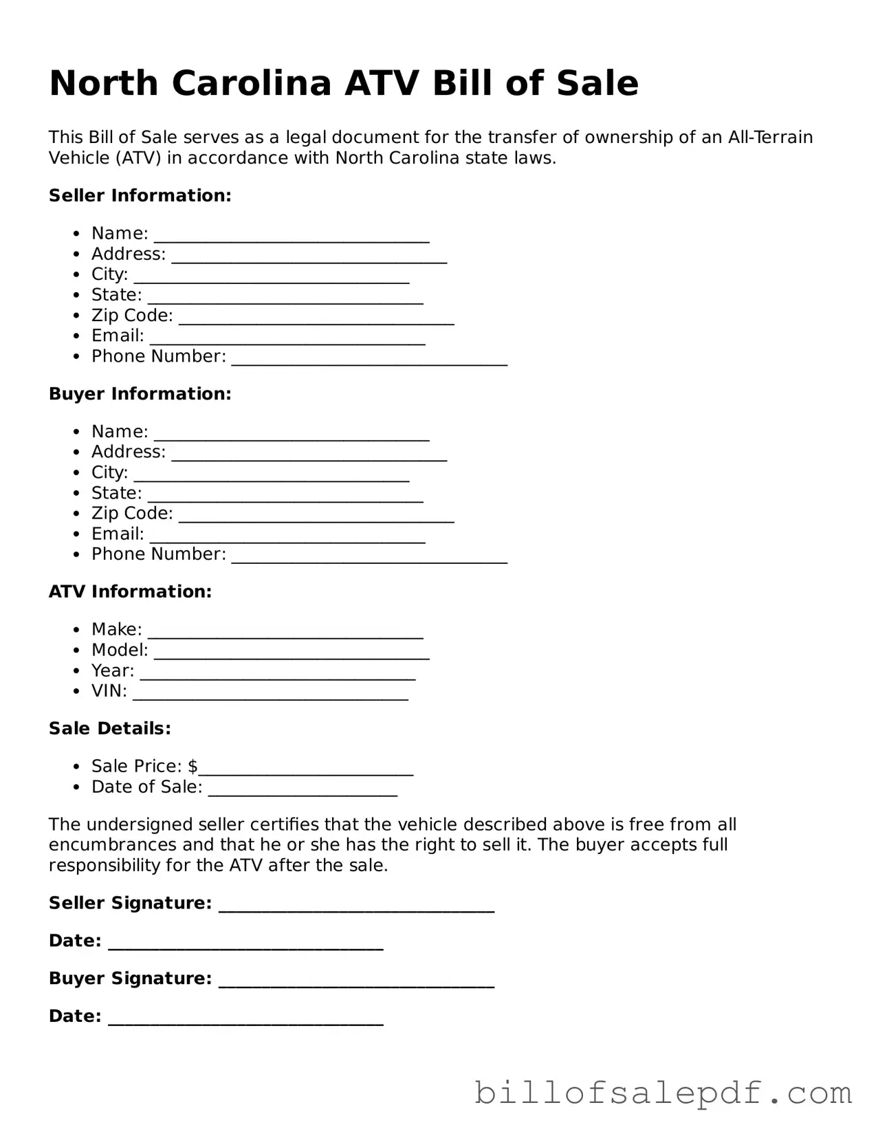 Legal North Carolina ATV Bill of Sale Form
