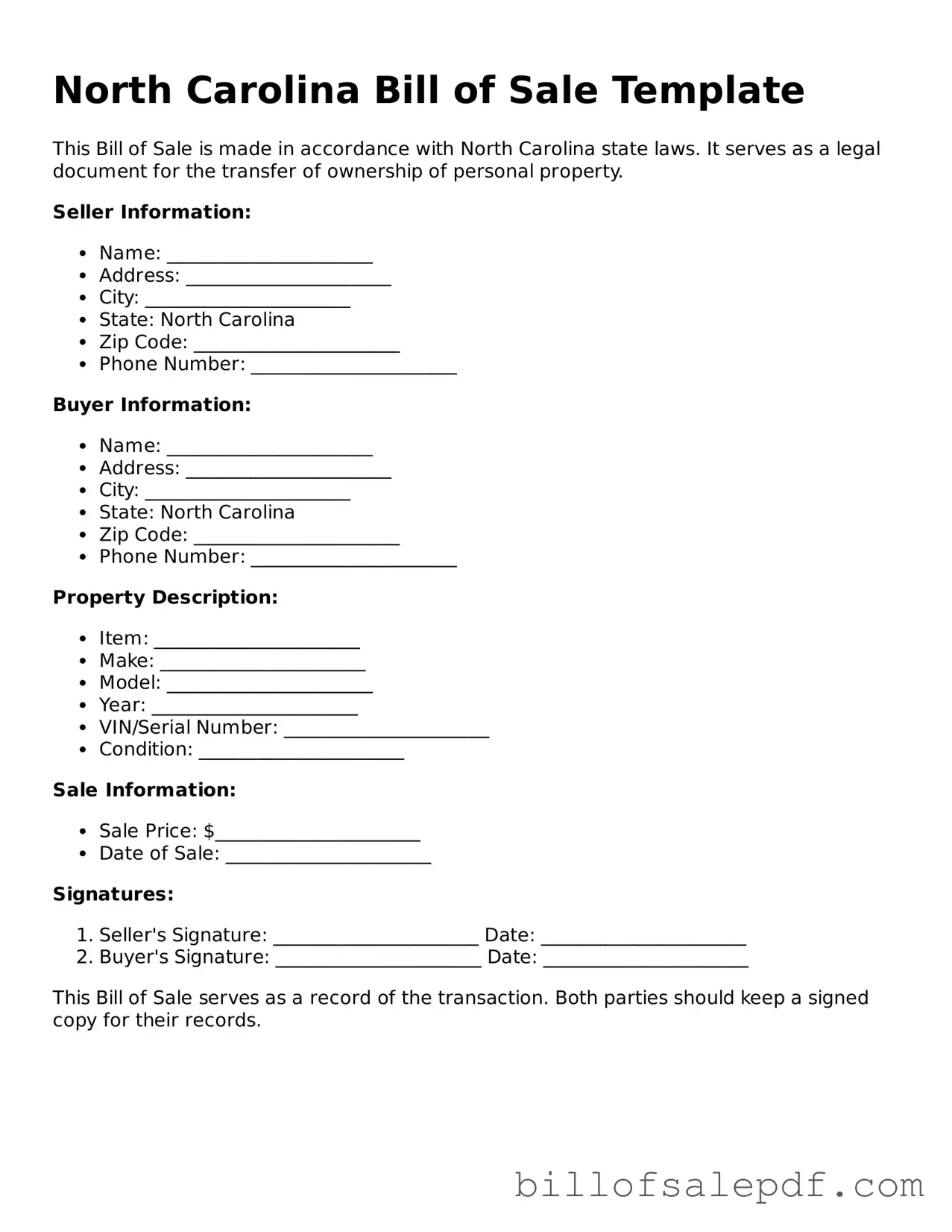 Legal North Carolina Bill of Sale Form