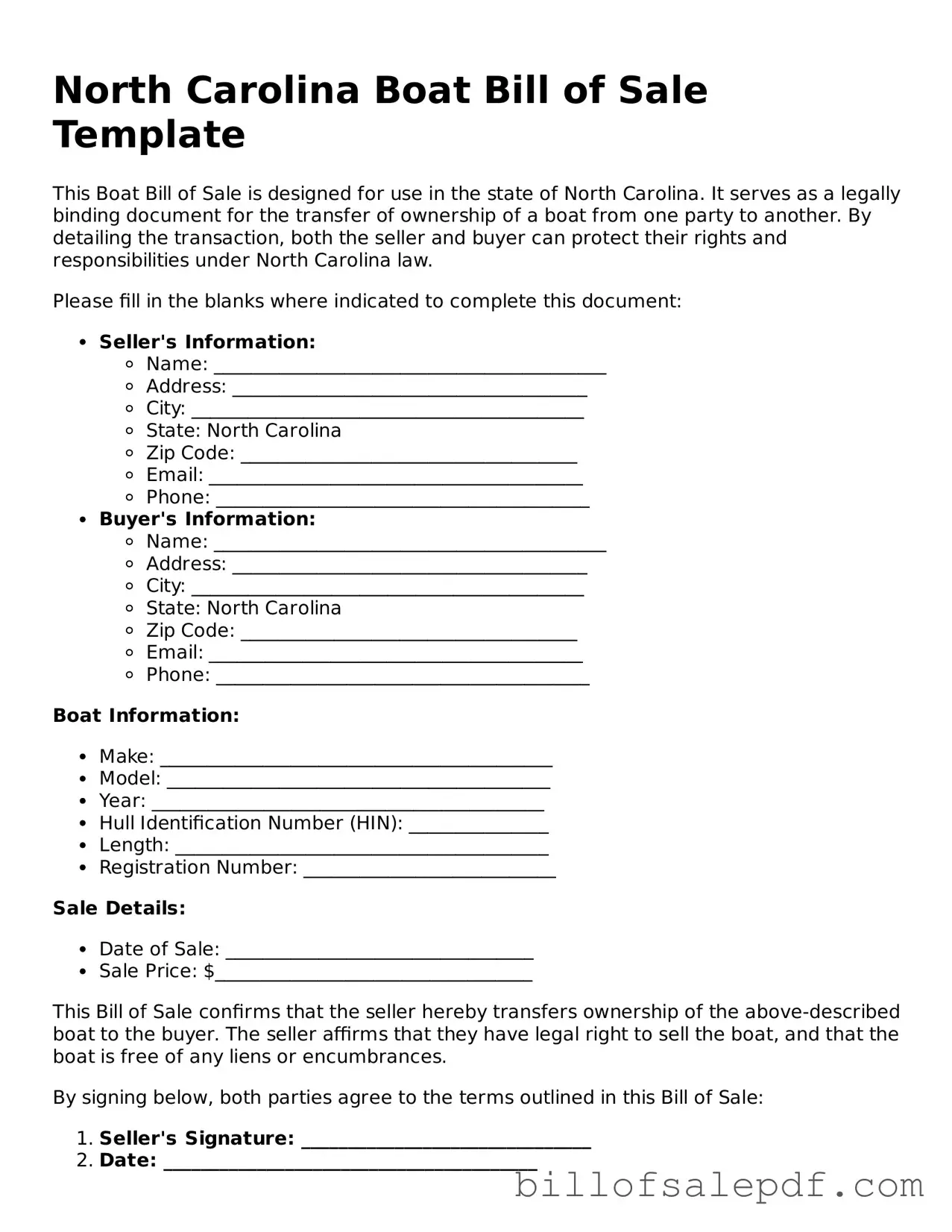 Legal North Carolina Boat Bill of Sale Form