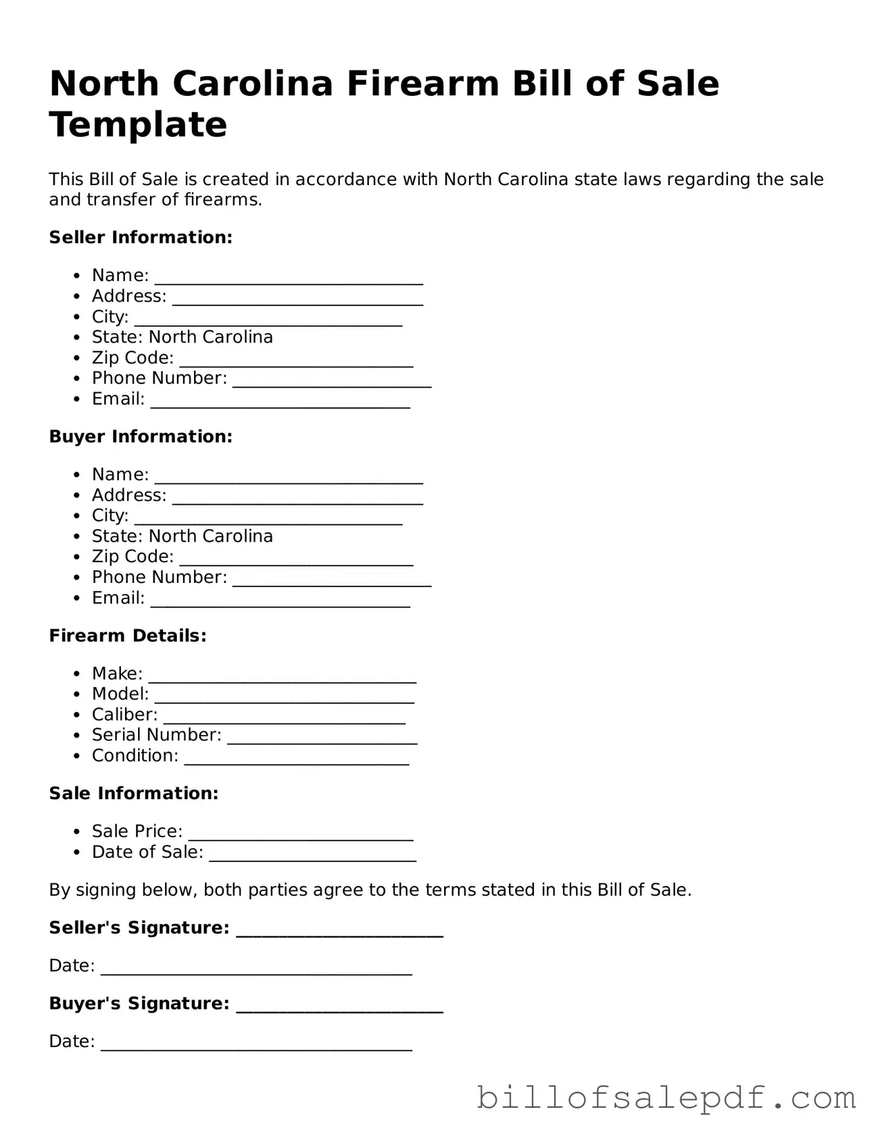 Legal North Carolina Firearm Bill of Sale Form