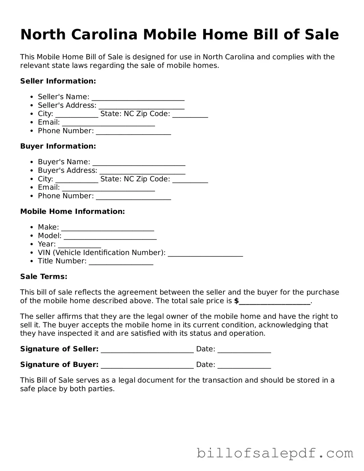 Legal North Carolina Mobile Home Bill of Sale Form