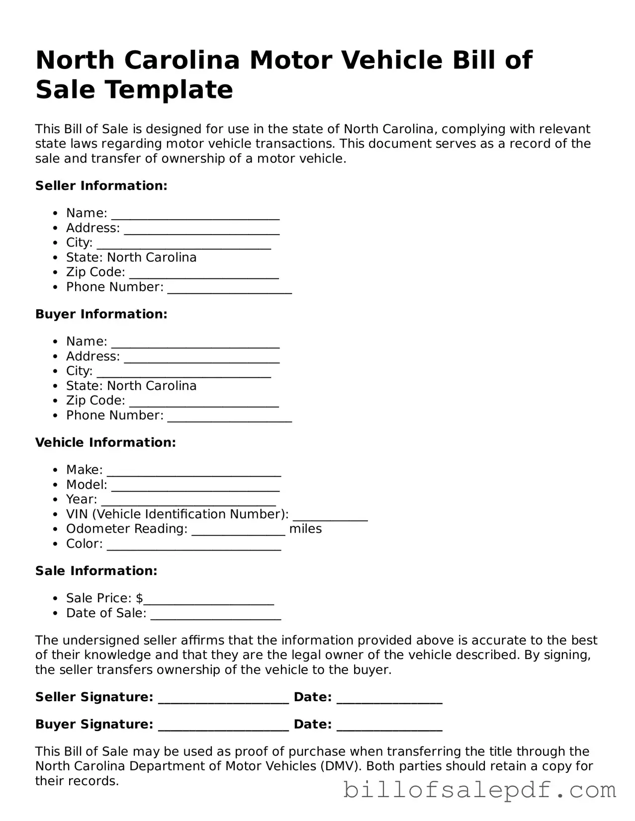 Legal North Carolina Motor Vehicle Bill of Sale Form