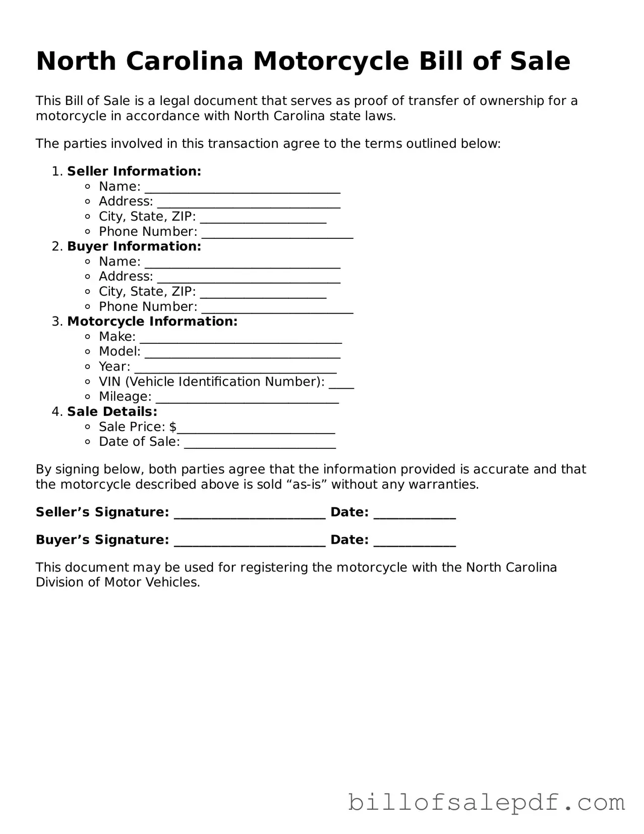 Legal North Carolina Motorcycle Bill of Sale Form
