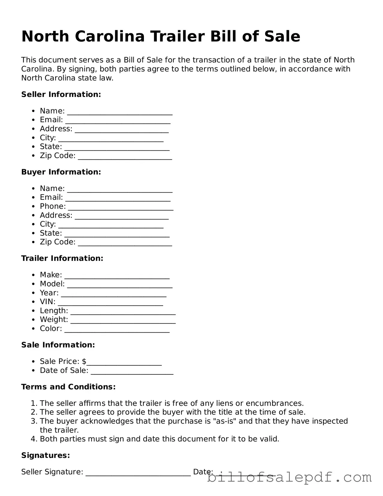 Legal North Carolina Trailer Bill of Sale Form